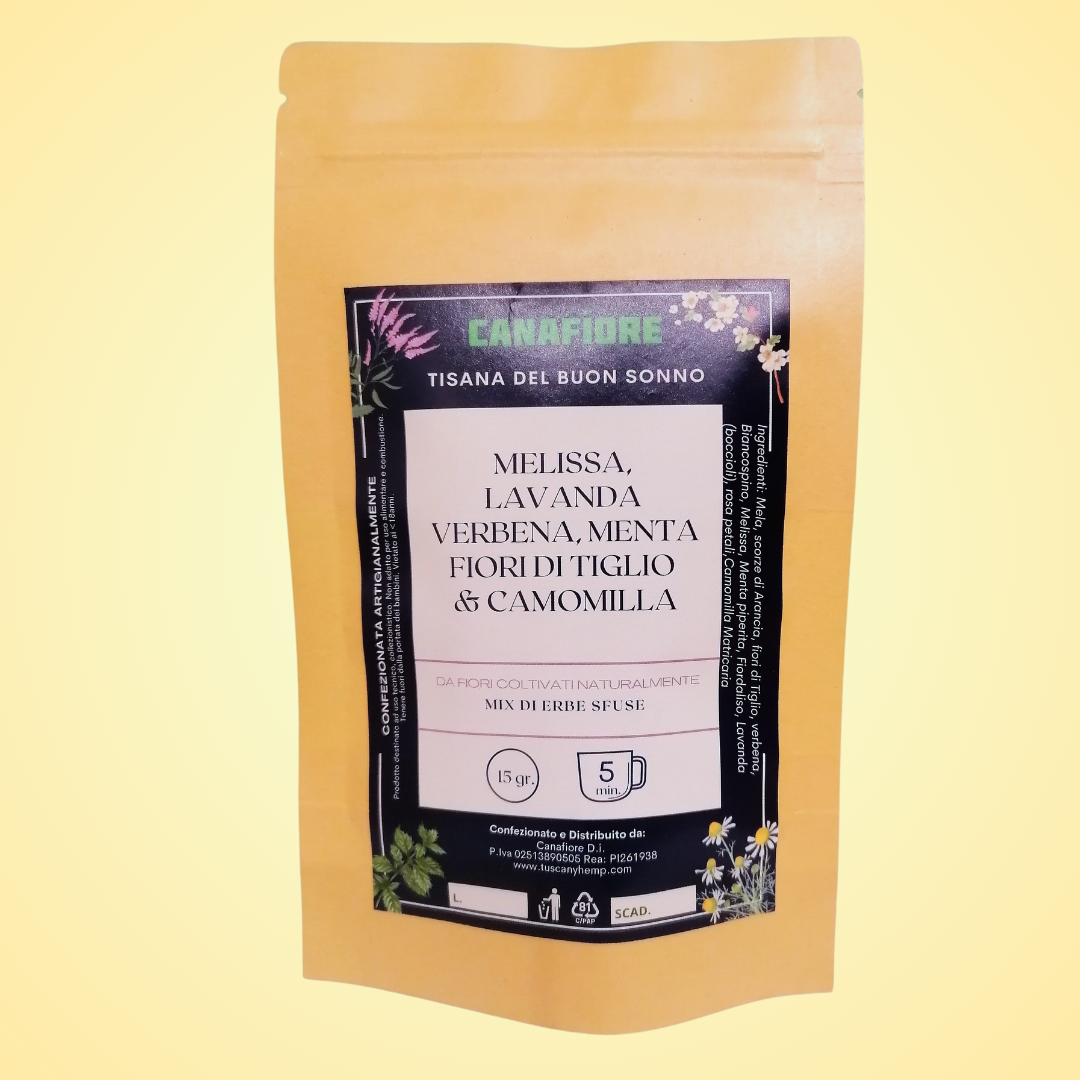 tisana del buon sonno con melissa lavanda verbena, menta e camomilla