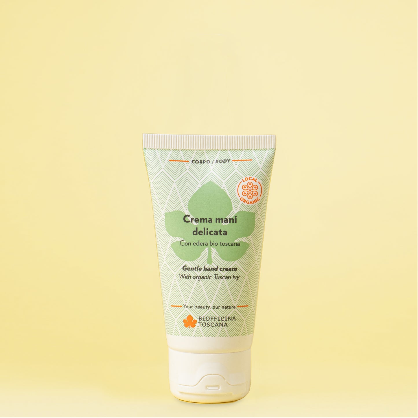 Crema mani delicata e idratante Bio officina Toscana. Principi attivi: Edera bio, Olio di canapa